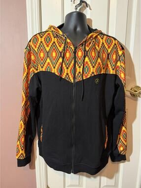 D'Iyanu Full Zip Jacket Mens XL Kente Print Black Cotton Sweatshirt